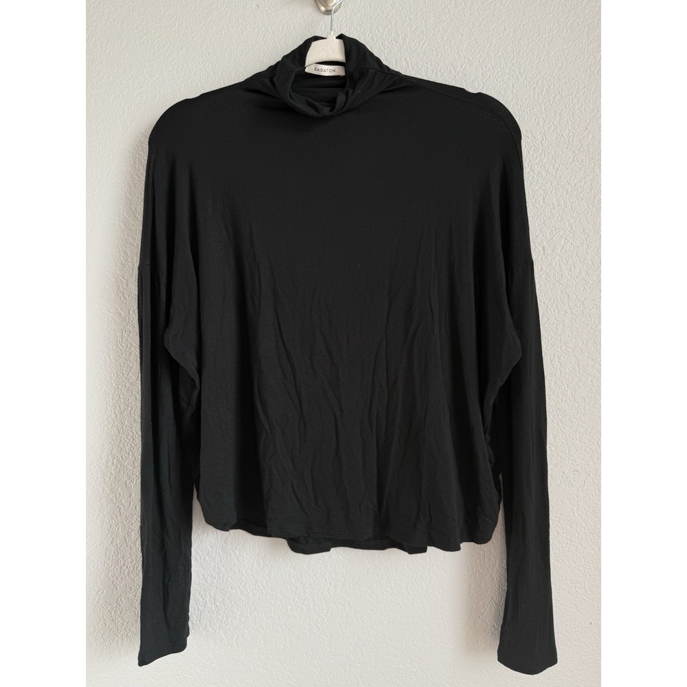 Aritzia Babaton Small Long Sleeve Top Shirt Black Mock Neck Lightweight Cropped - Picture 4 of 11